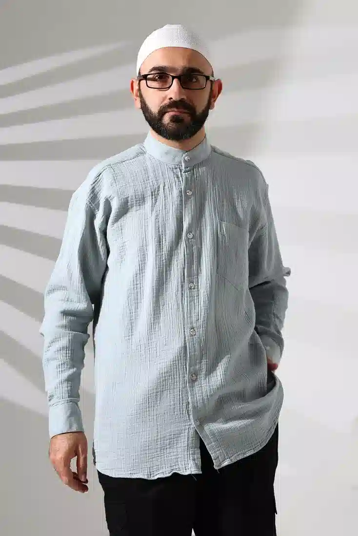 Erkek Hakim Yaka Uzun Kollu Düğmeli Müslin Gömlek Mavi