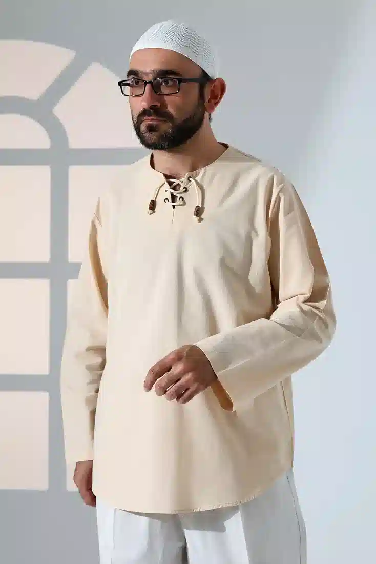 Erkek Sıfır Yaka Bağcıklı Uzun Kollu Keten Gömlek Krem