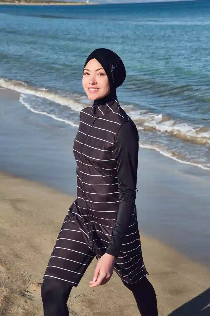 Haşema Çise N-6083 Çizgili Siyah Jileli 4 Parça Tam Kapalı Tesettür Mayo Takımı