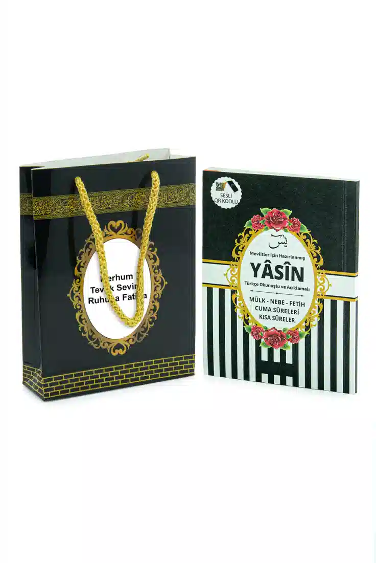 Hediyelik Mevlüt Seti İsme Özel Etiketli Çantalı 80 Sayfa Yasin Kitabı - Siyah