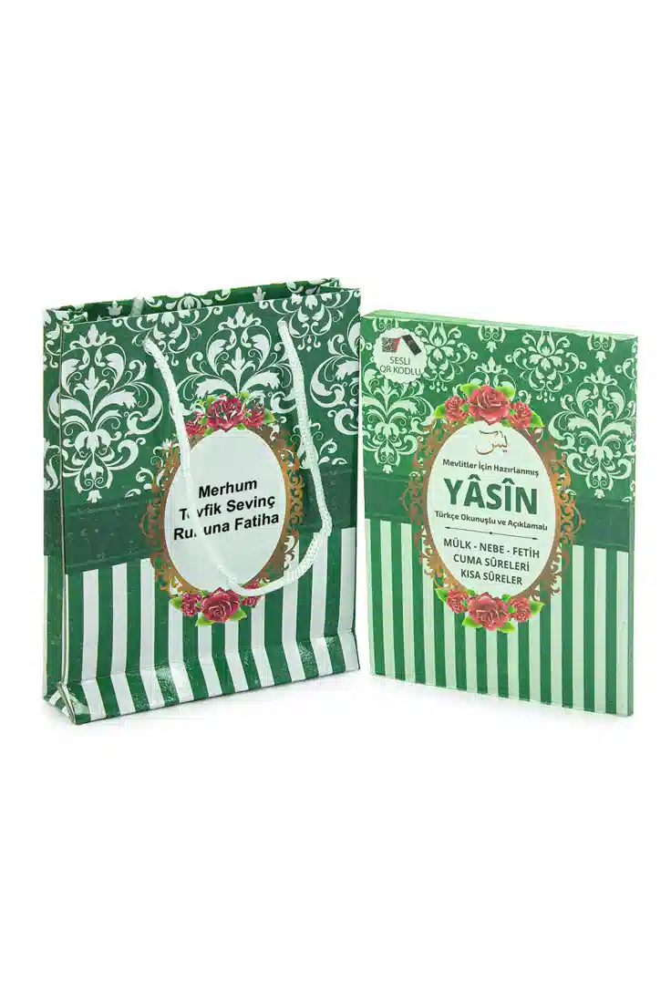 Hediyelik Mevlüt Seti İsme Özel Etiketli Çantalı 80 Sayfa Yasin Kitabı - Yeşil