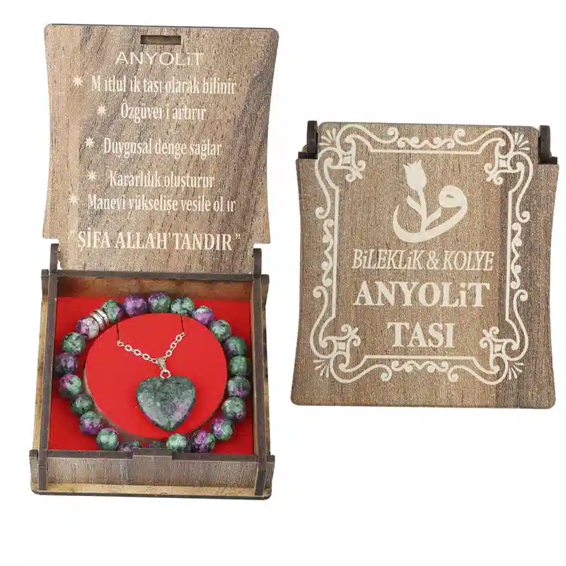 Özel Ahşap Kutulu Doğal Anyolit Taşı Bileklik ve Kolye Seti