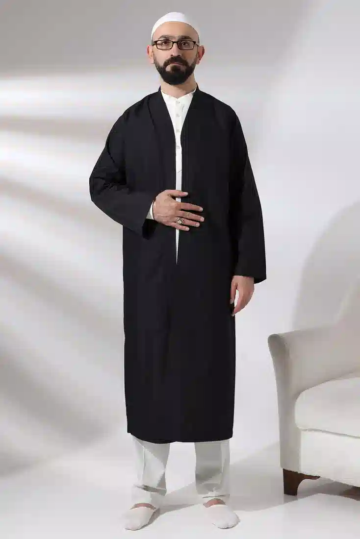 Siyah Erkek Namaz Elbisesi V Yaka Düğmesiz Önü Açık Namaz Cübbesi